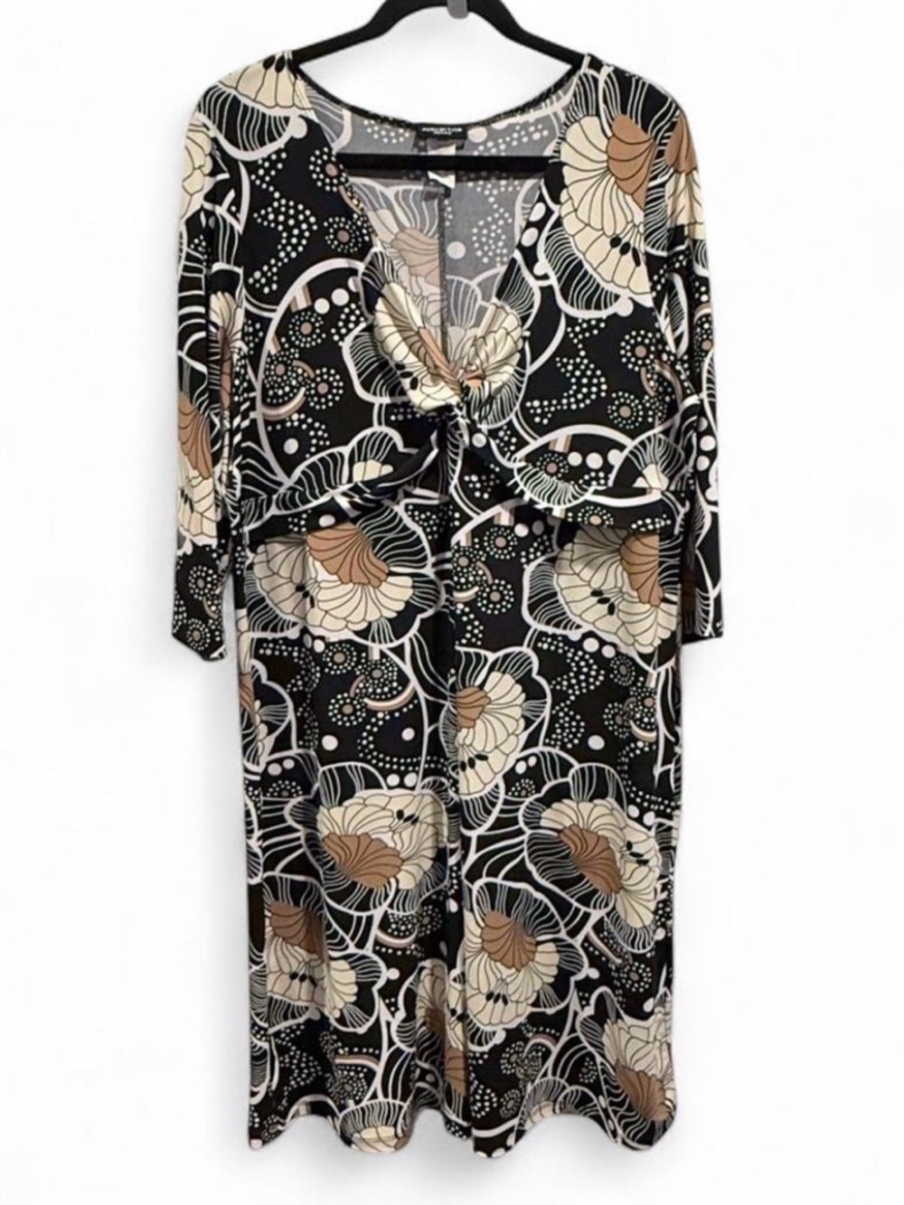 Perseption Black Floral Midi Dress with Cream and Tan Accents